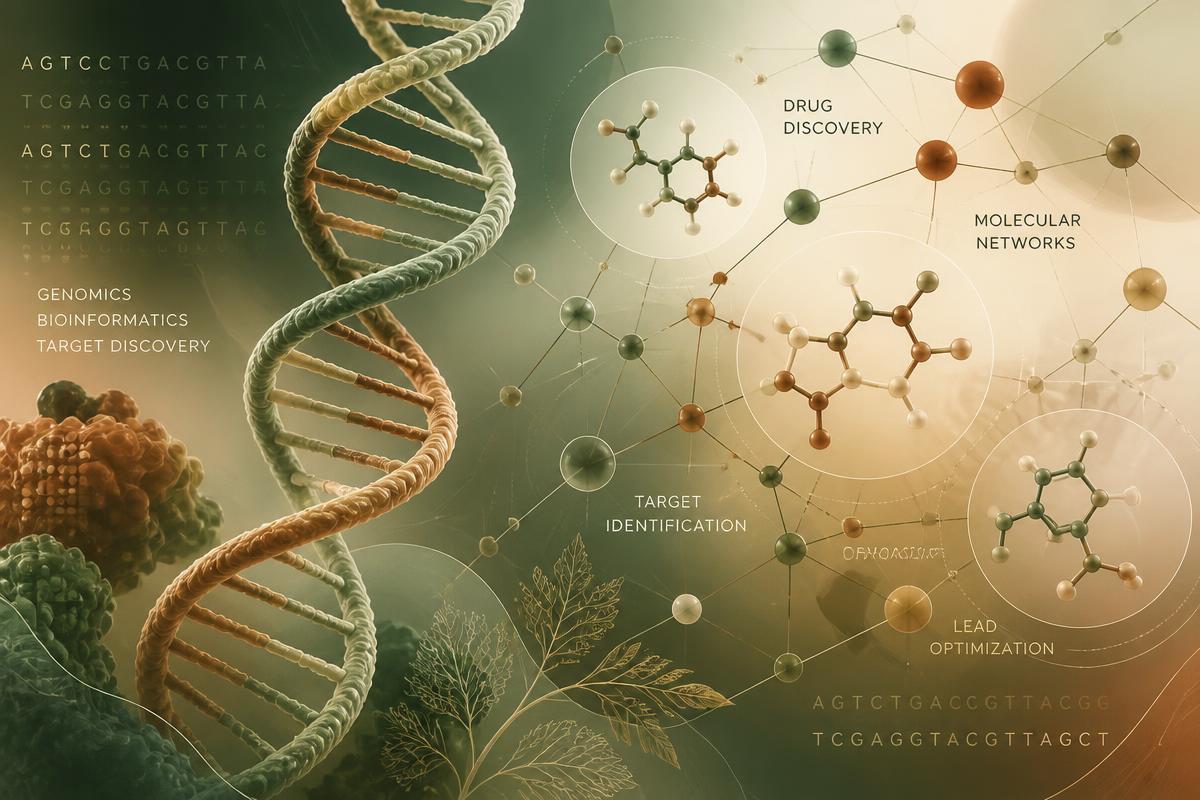 Abstract molecular visualization representing genomics and drug discovery research